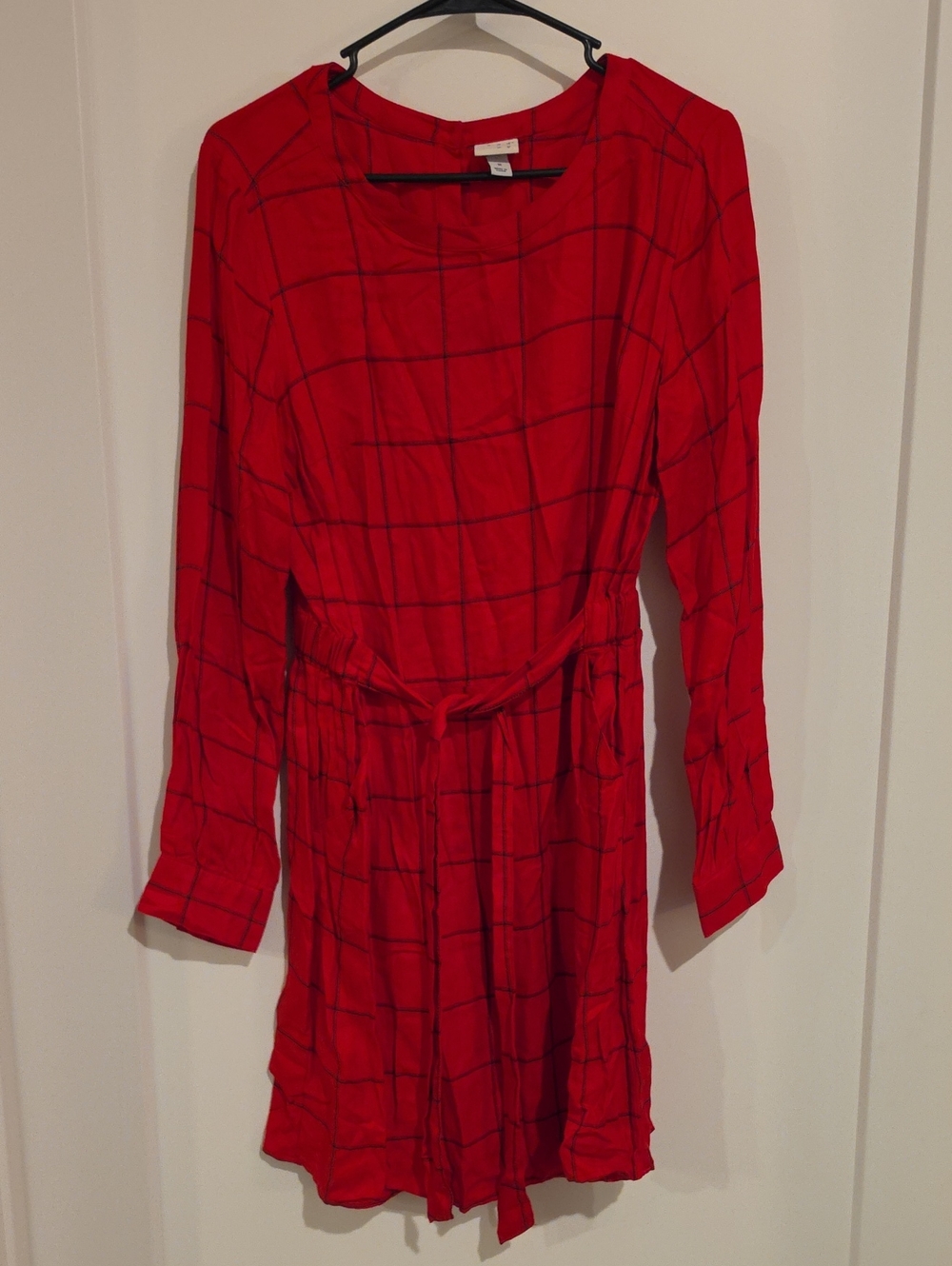 a new day Red Windowpane Long-Sleeve Tie-Waist Dress
